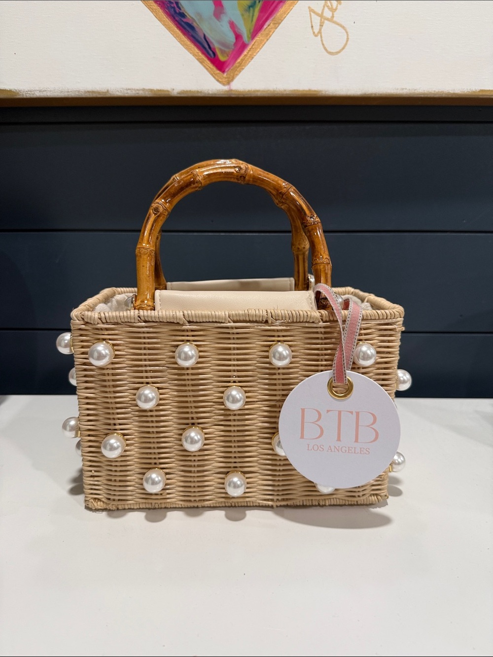 BTB Los Angeles Pearl-Embellished Rattan Mini Tote in Natural